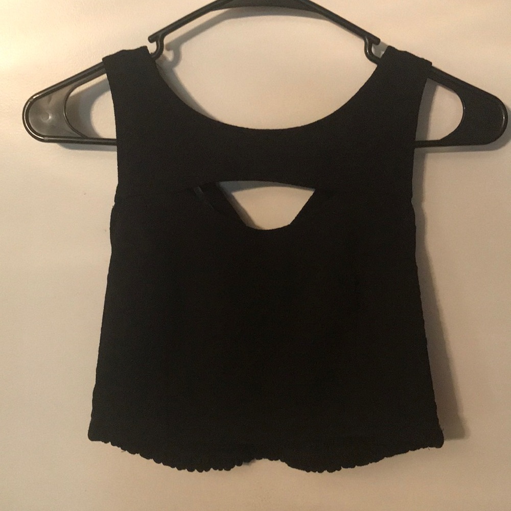 LF stretchy black crop top, criss cross back